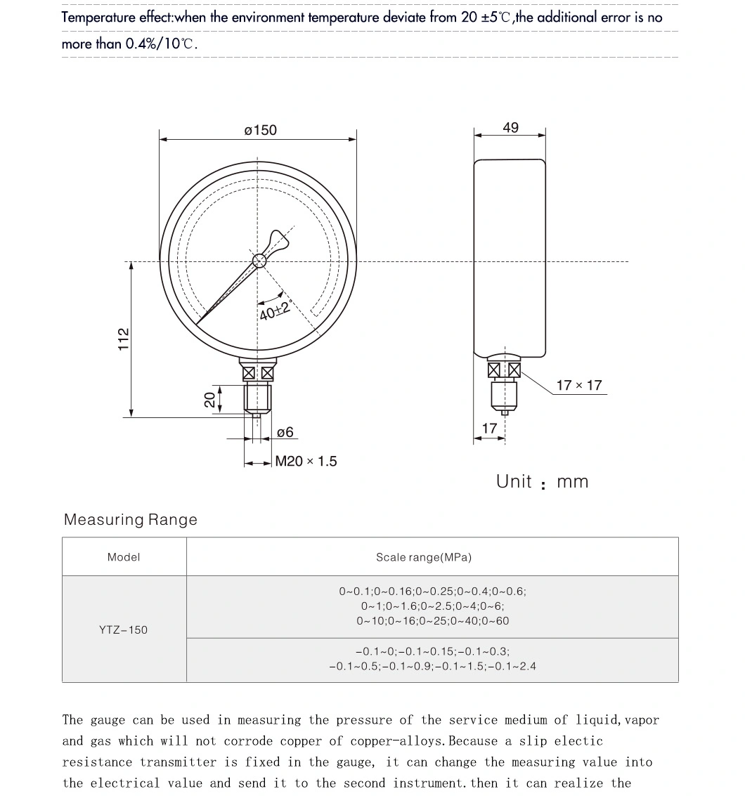 Hongqi 150mm 6&quot; Oil Filled Pressure Gauge - Air/Water/Gas Electric Remote Resistance Controller